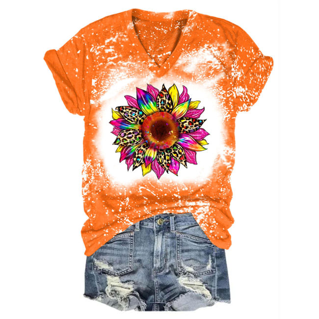 Sunflower rainbow V-neck printed T-shirt